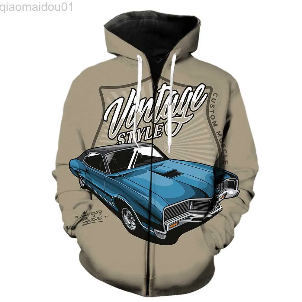 Herrtröjor tröjor tecknad vintage bil herred dragkedja hoodie casual 3d tryckt toppar med huvjackor 2022 heta försäljning streetwear tröjor hip hop cool l230721