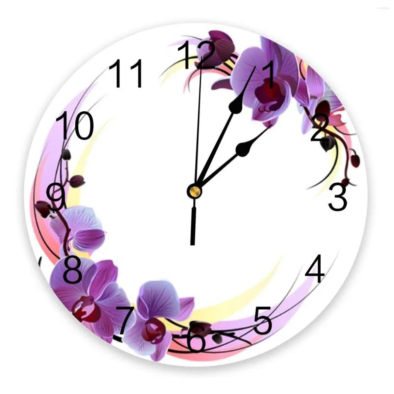 Wall Clocks Purple Orchid Flower Clock Large Modern Kitchen Dinning Round Bedroom Silent Hanging Watch