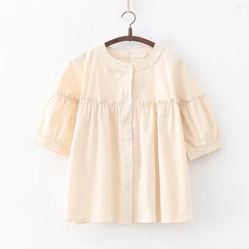 Kvinnors blusar Elegant och ungdomskvinna Mori Girls Japanese Style Fresh Short Sleeve White Pink Solid Shirt Sweet Lolita Clothing