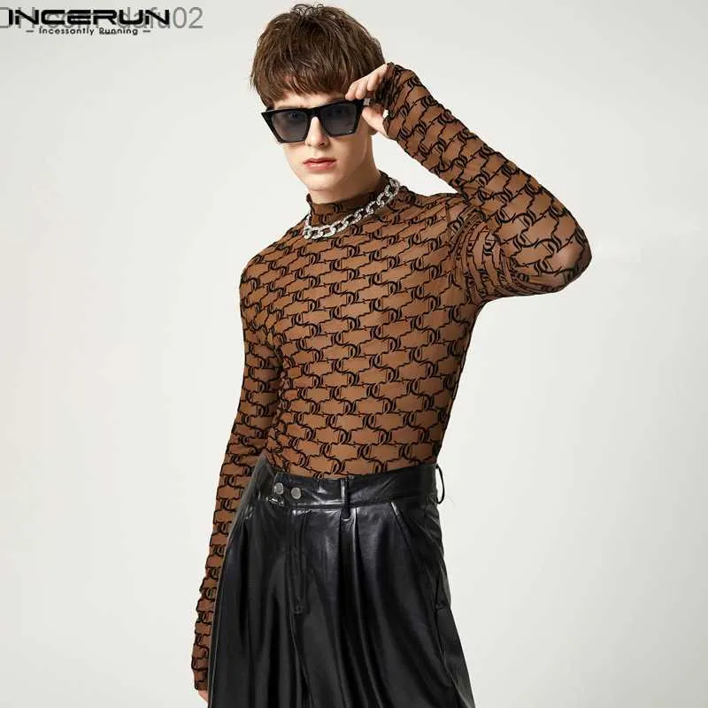 Men's Sweaters Men's T-shirt Mesh Transparent Printing Fitness Street Suit Underwear Turtle Neck Long Sleeve 2023 Casual Camisetas S-5XL 7 Z230721