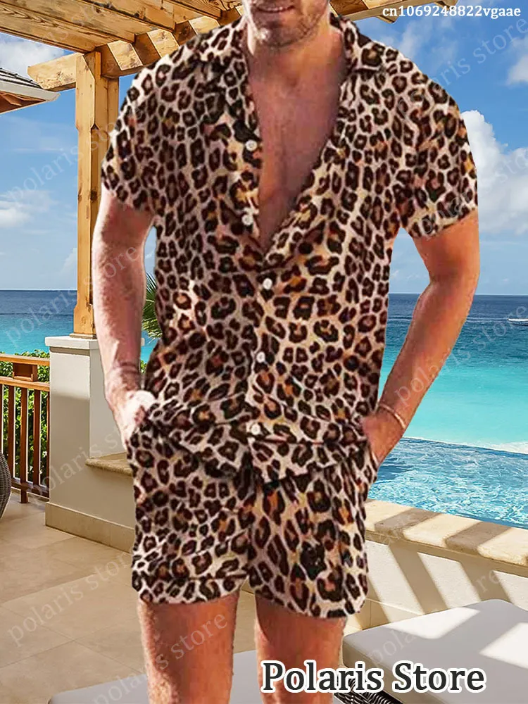 Herrspåriga Leopard Print Tracksuit Män Ställ in kort ärmskjorta Shorts 2 -deldräkt överdimensionerad avslappnad vintage lyxmärke kläder kläder 230720