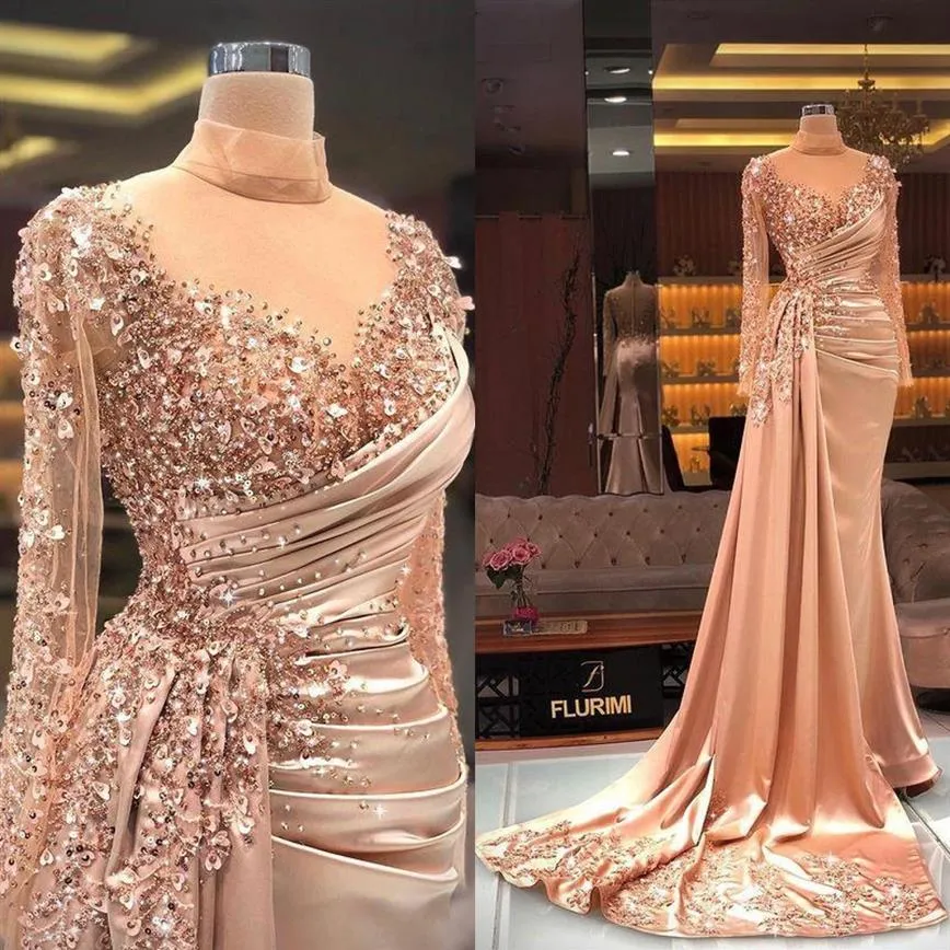 2021 Luxueux Nude Blush Rose Sexy Robes De Bal Col Haut Cristal Perles Manches Longues Dos Ouvert Robe De Soirée Parti Pageant Form222B