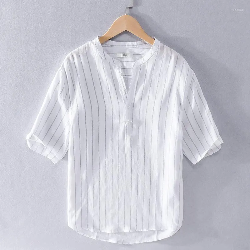 Camisas casuais masculinas 2023 moda verão linho listrado manga curta gola camisa causal algodão solto para homens