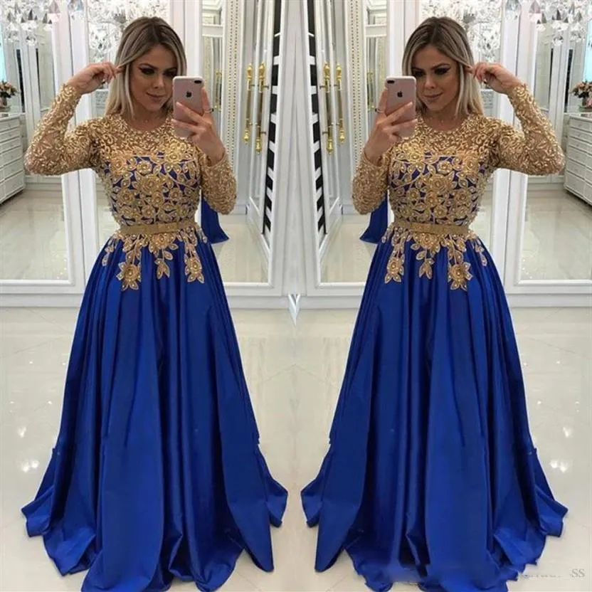 2019 Uzun Kollu Akşam Elbiseler Altın Aplikler Boncuklu Kraliyet Mavisi Uzun Akşam Balo Elbiseleri Resmi Gown206k