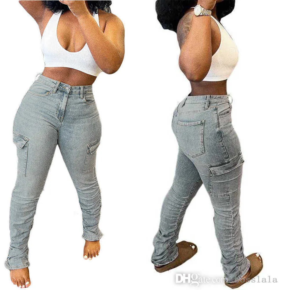 Damen-Jeans mit drapierter Seitentasche, gestapelt, hohe Taille, figurbetont, Stretch, Slip-Saum, Denim-Boyfriend-Hose