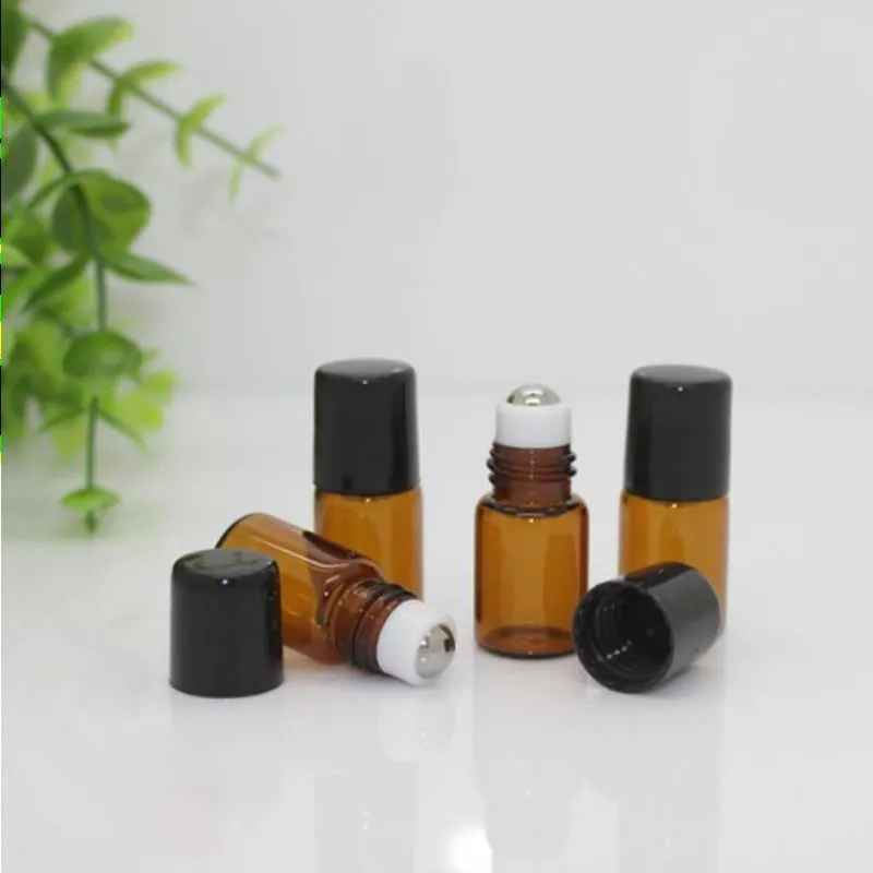 Gratis DHL 1200st 2 ml glasrulle på flaskor med rostfritt stålrulle Small 2cc Amber Essential Oil Roller-On-flaska på marknadsföring CXXHF