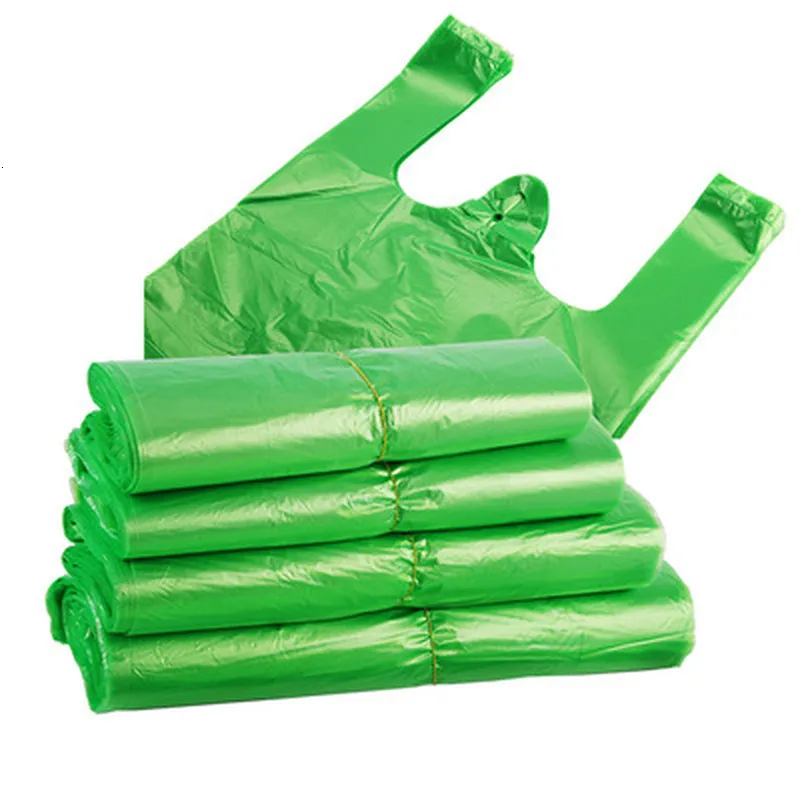 Gift Wrap 100pcs/pack Green Plastic Bag Supermarket Carry Out Bag Disposable Vest Bag with Handle Kitchen Living Room Clean Food Packaging 230720