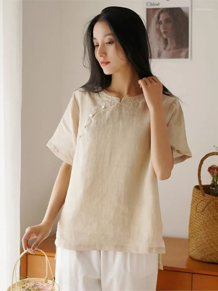 Women's T Shirts Chinese Cotton And 2023 Summer Ramie Short Sleeve Top Embroidered Retro T-shirt