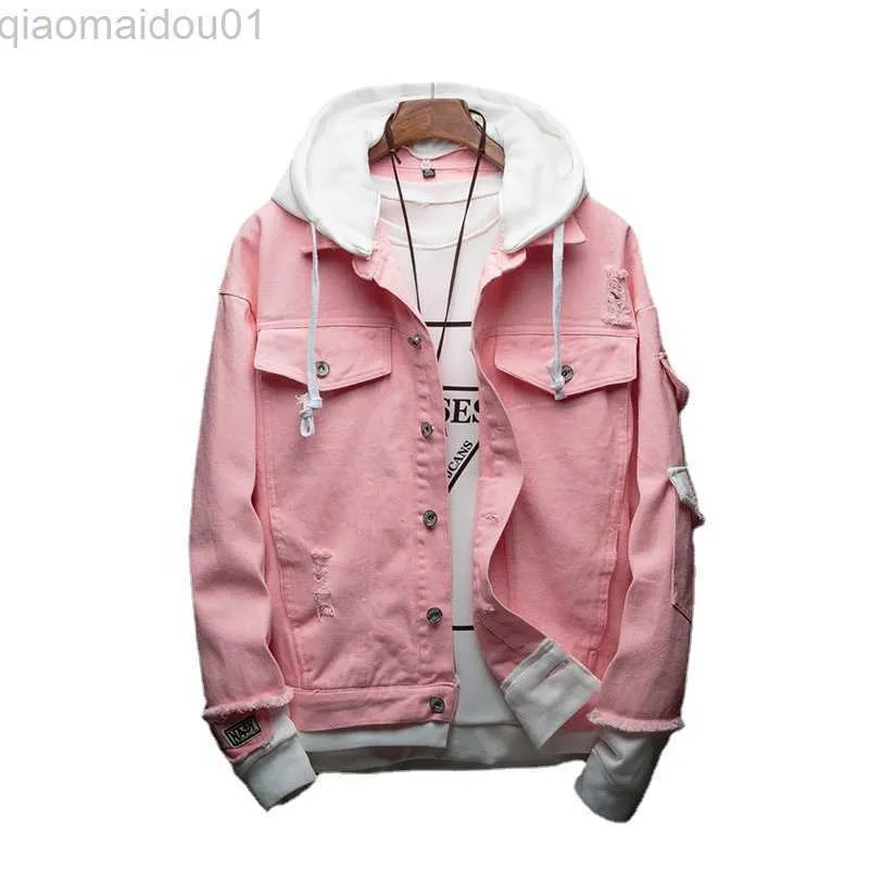 Men's Jackets Men Hooded Denim Jackets New Fashion Pink Jeans Coats Good Quality Men Holes Denim Coats Fashion Jeans Jackets Size 3XL L230721