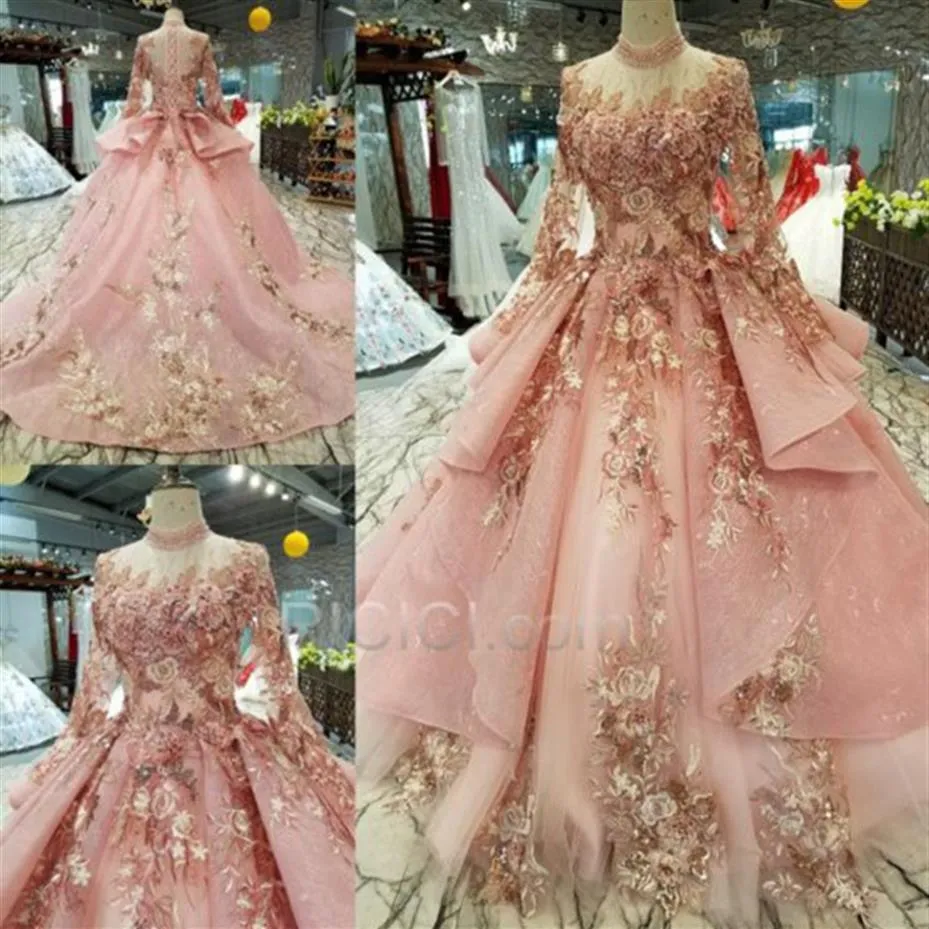 2020 Vestidos Rosa Quinceanera Bordados Vestido de Baile Manga Longa Gola Alta 3D Floral Renda Aplique Capela Trem Organza Sweet 16 Pro2829