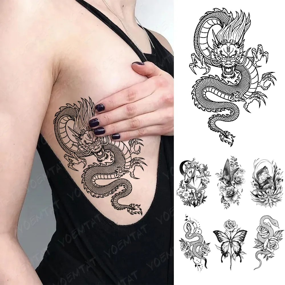 Vattentät tillfällig tatuering klistermärke enkel linje draken orm blixt tatueringar gotiska y2k kroppskonst arm falska tatoo män kvinnor