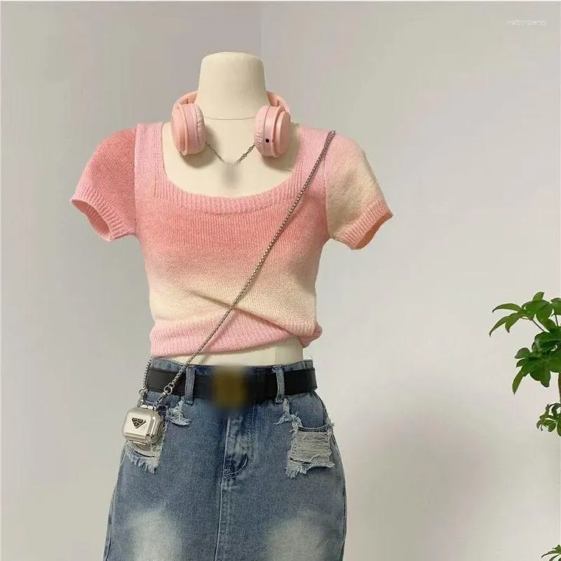 Women's T Shirts Contrasting Color Striped Sweater Short Sleeve T-shirt Summer Sweet Spice Square Collar Slim Korean Fashion Top