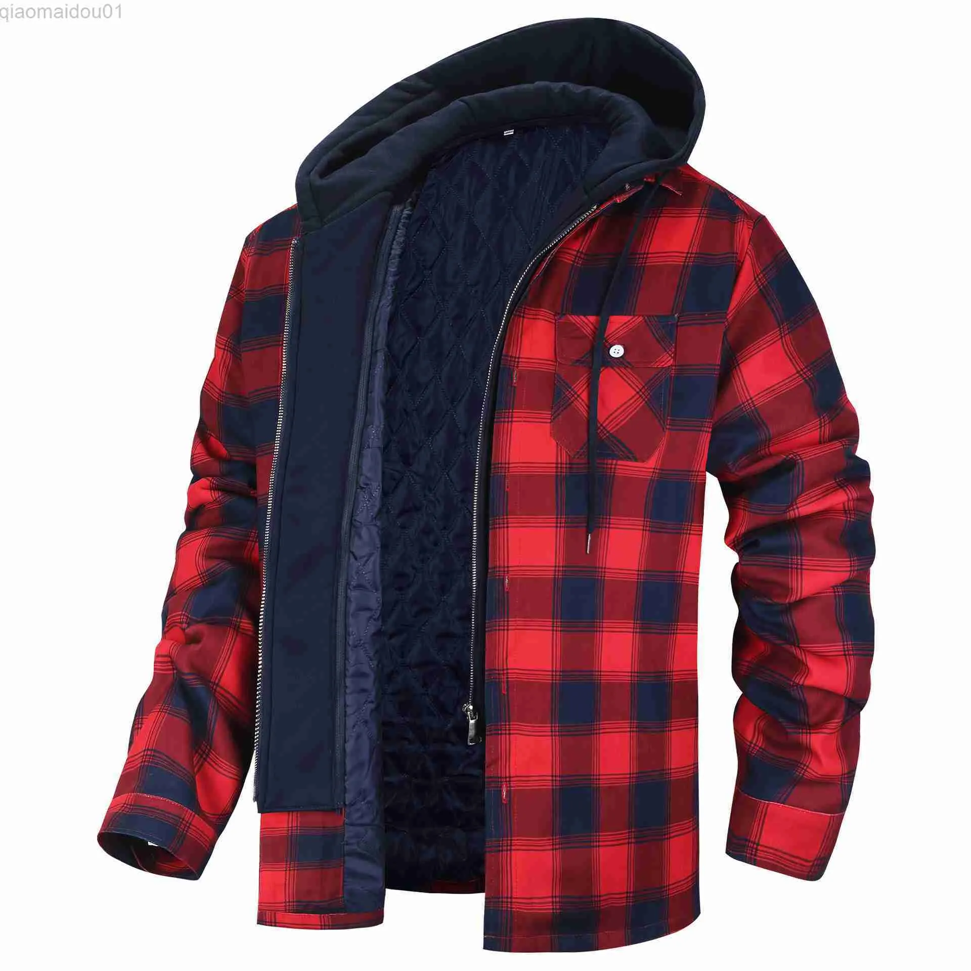 Mens Hooded Fleece Jacket: Harajuku Plaid Shirt Jacket, Long