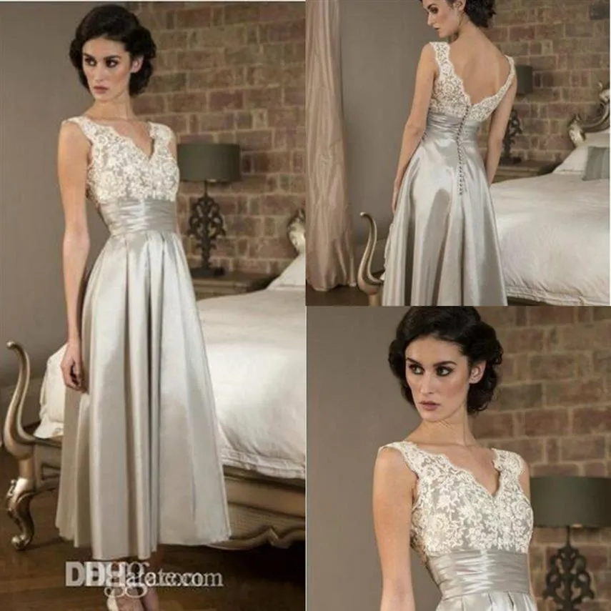 2019 Lunghezza tè Abiti per la madre della sposa Scollo a V Gonne di seta con applicazioni in pizzo Abito per la madre Custom Made Plus Size Invitato a un matrimonio Gow204o