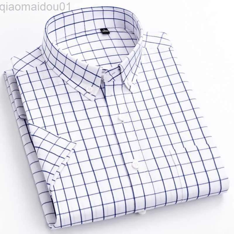 Camisas casuais masculinas de ajuste padrão manga curta xadrez xadrez bolso remendado bolso no peito verão casual camisa fina macia de algodão puro L230721