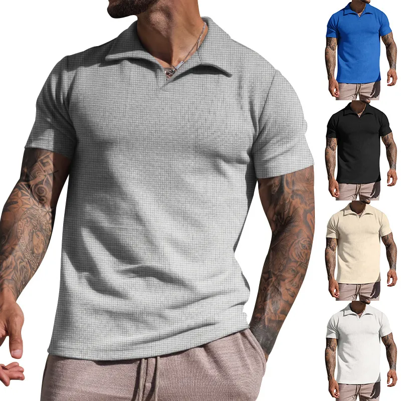 Men's Polos Summer Polo Neck T-shirt Man's Waffle Loose Short Sleeve Solid Casual V-neck Tees