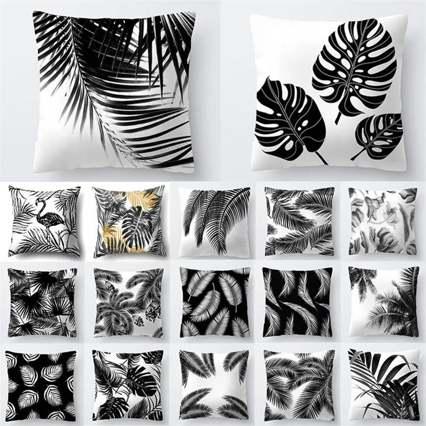 Coussin décoratif oreiller nordique décoration maison tropicale housse de coussin noir blanc plante feuilles décor jeter Sofa295I