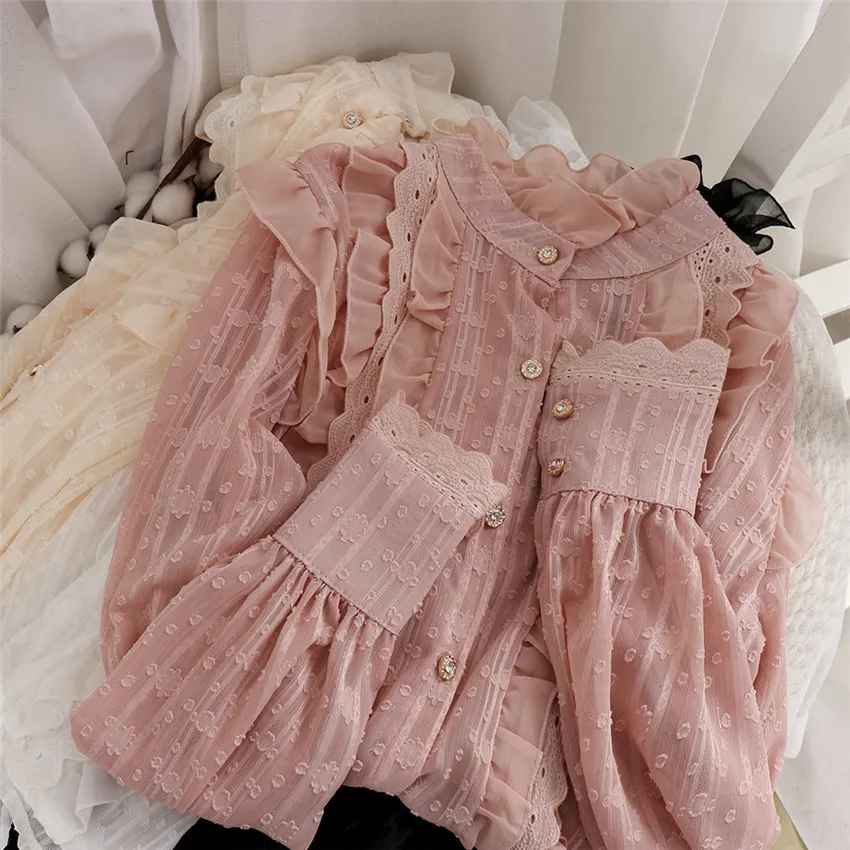 20 New Spring Women Blusa de Renda Rosa Sweety Girl Mesh Shirt Lantern Sleeve Blusas Gola Alta Blusas Básicas Tops Outwear Bottomings