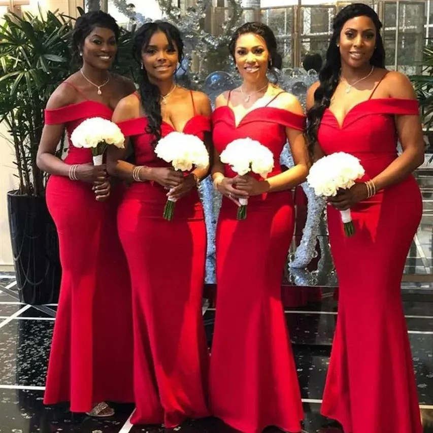 Red Mermaid Bridesmaid dresses with Spaghetti Off Shoulder Floor Length Satin Back zipper Long Maid of Honor Gowns220G
