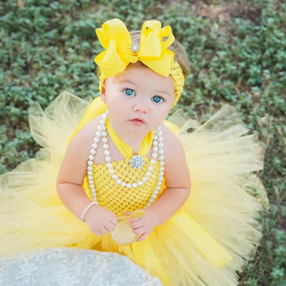 Lindo vestido tutu amarelo para bebês meninas vestido de tule de crochê com arco de cabelo conjunto de fantasia de festa de aniversário recém-nascido vestido de fotografia