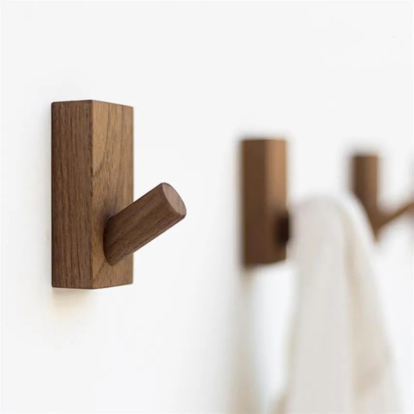 Hooks Rails Natural Wood Coat Hook Back Door Hanger 3M Självhäftande väska Hattar Beltlagringsarrangör Walnut Hanging Rack Wall290p