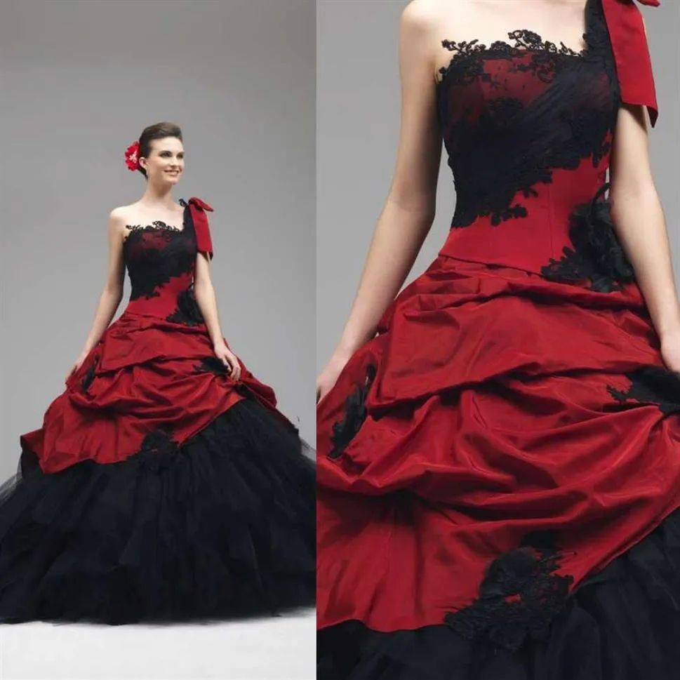 2019 Gothic Red and Black Wedding Dresses One Shoulder Lace Tulle Taffeta Ball Gown Bridal Gowns Lace up Back Custom Made W10622397