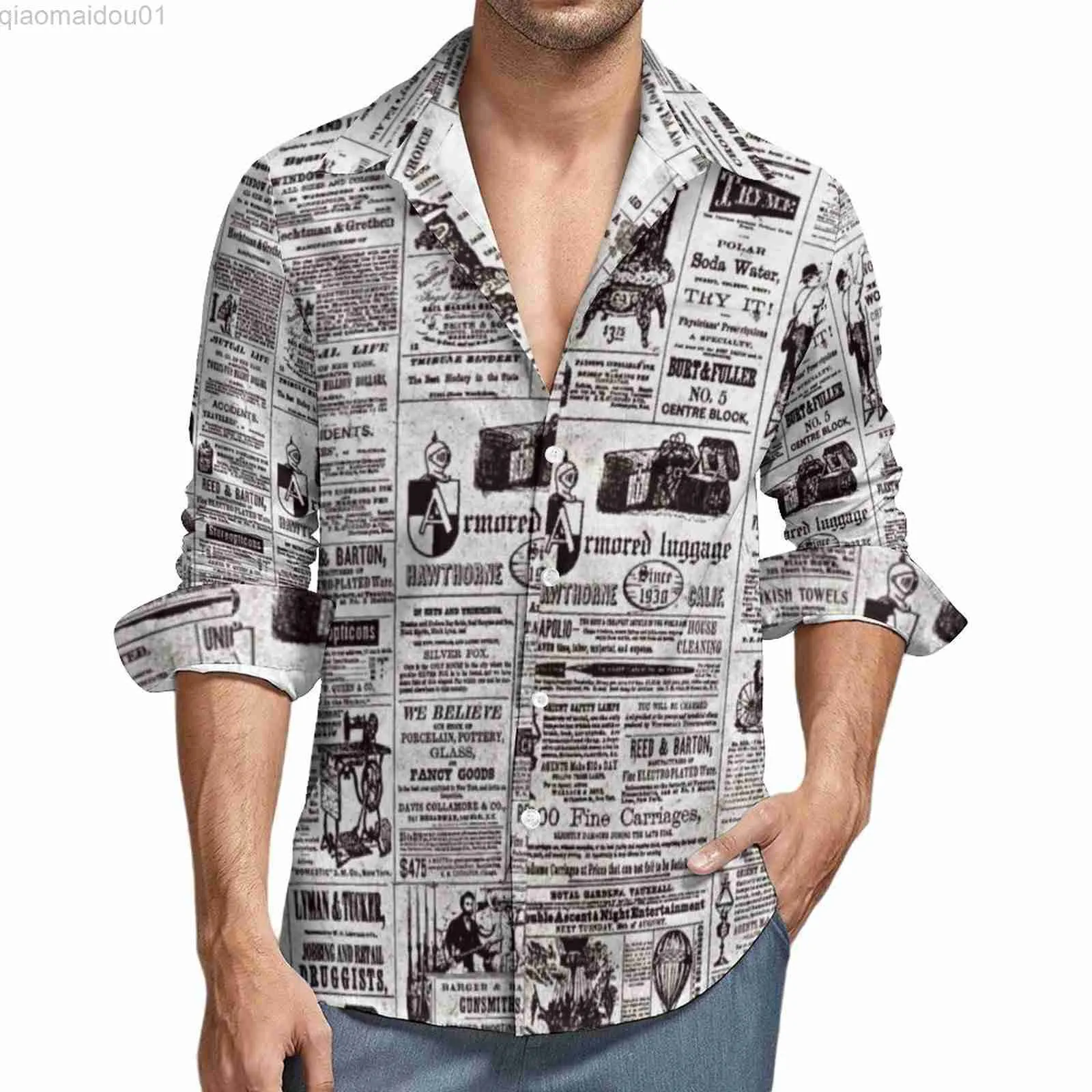 Camisas casuales para hombres Textura Periódico Camisas casuales Hombres Camisa con estampado vintage Manga larga Blusas sueltas Harajuku Otoño Tops personalizados Tallas grandes 3XL 4XL L230721