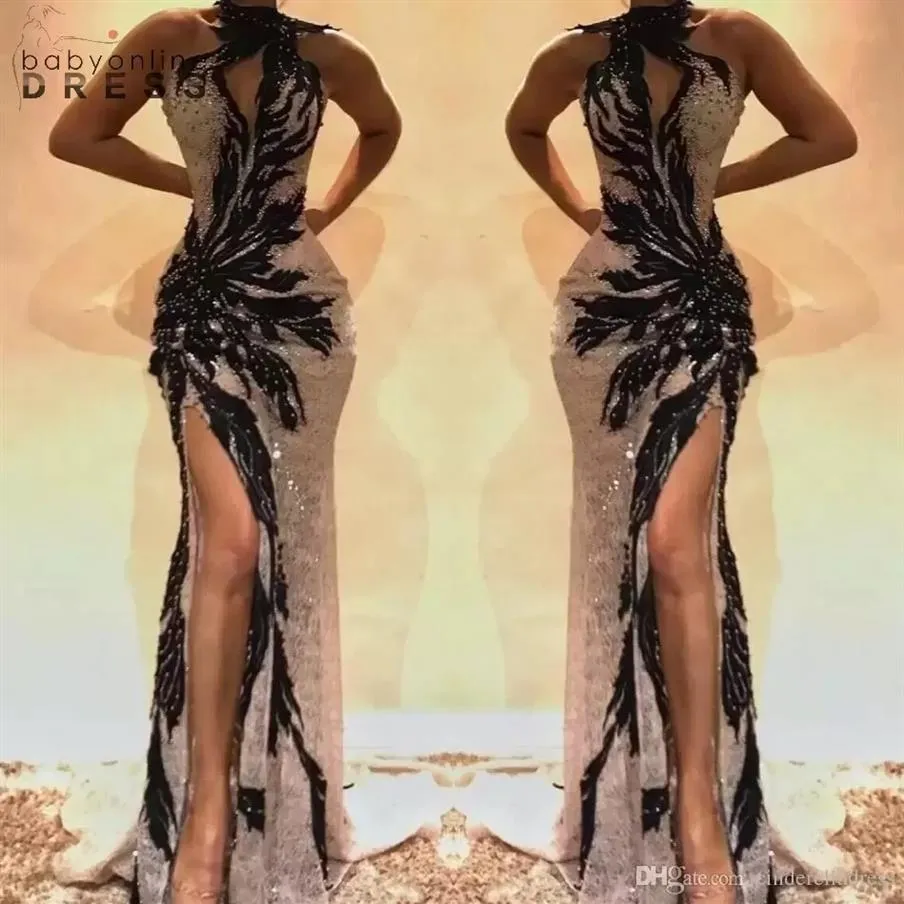 Blaskly Mermaid Sukienki na bal maturalne 2022 Seksowne wysokie dzielone dziurka na szyję kryształowe z koraliki bez pleców sukienki wieczorne z przodu celebryta DR206S