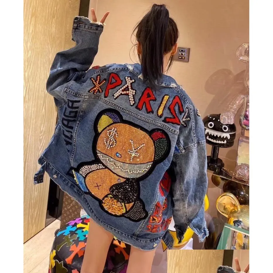 Kvinnorjackor Autumn Heavy Drilling Cartoon Bear Denim Jacket för kvinnor Fashion Long Sleeve Loose Jeans Female Outerwear W9 DHMFM