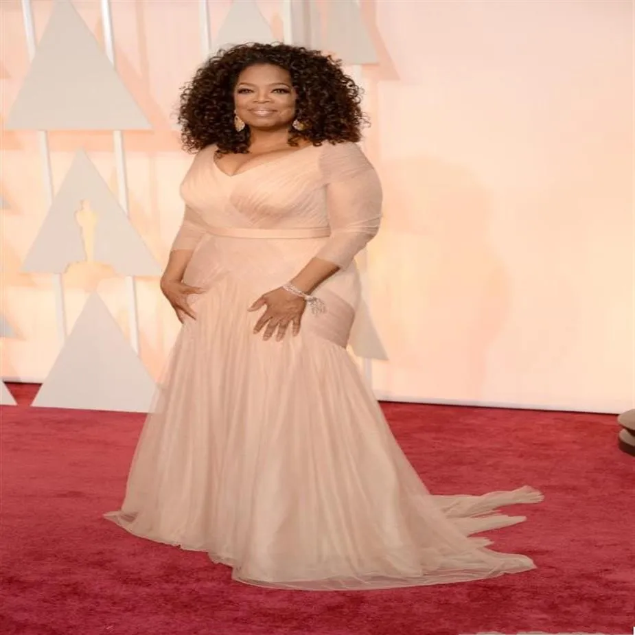 2020 fard à joues rose Oprah Winfrey Oscar robes de célébrités, plus la taille v cou gaine tulle à manches longues balayage train drapé soirée D277l