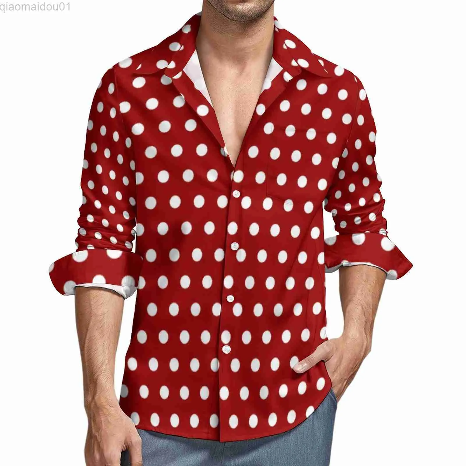 Heren Casual Shirts Wit Polka Dot Casual Shirts Mannen Donker Rood Shirt Lange Mouw Nieuwigheid Grappige Blouses Herfst Bedrukte Kleding Plus Size L230721