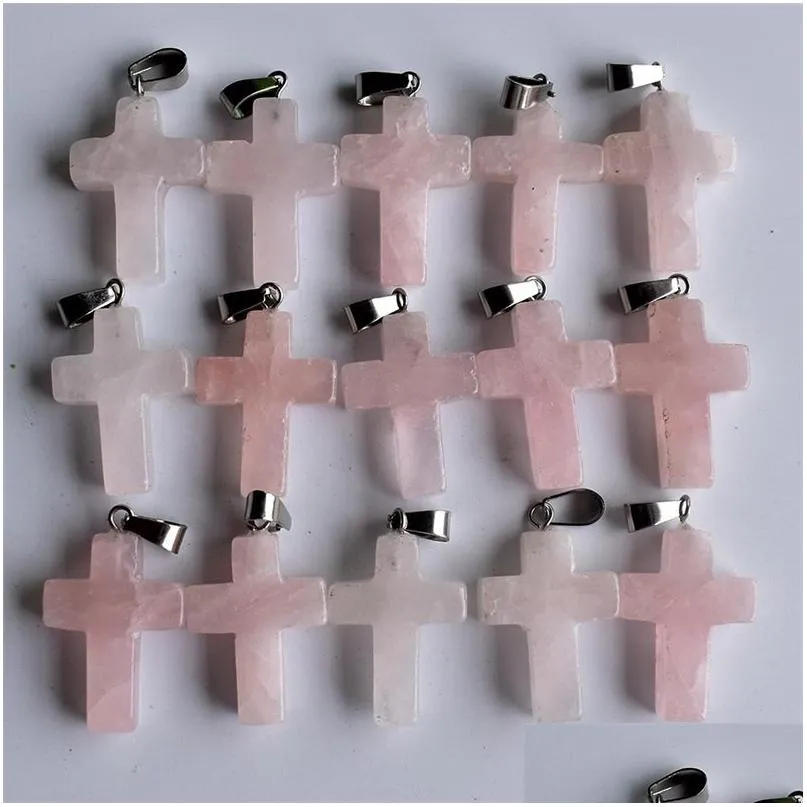 Charms Pietra naturale Quarzo rosa rosa Opale Occhio di tigre Turchese a forma di croce Pendenti in cristallo nero bianco per accessori per collana Je Dh4Ge