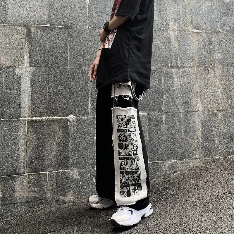 Męskie spodnie dżinsowe Patch Anime For Men Women Wysoka talia Czarne spodnie Wideleg Casual Pant Harajuku Y2K Męskie dna 230720