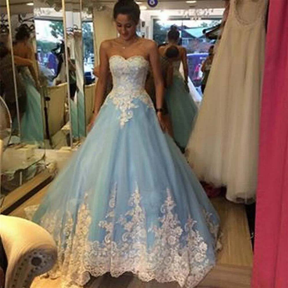 Light Blue Wedding Dress A-Line Illusion Neckline Lace Appliques Pearls  Beaded vestidos de noiva Sheer Back Wedding Gowns | Ball gowns, Prom  dresses blue, Ball gowns prom