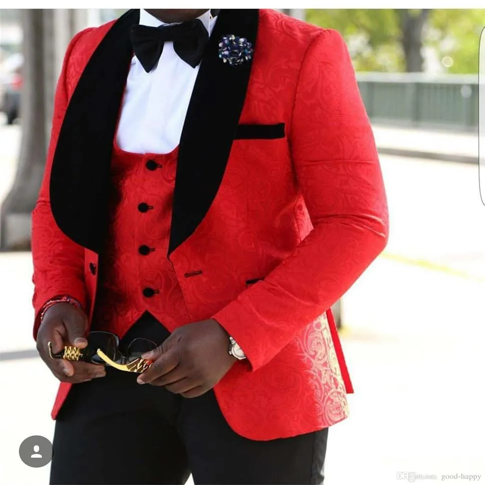 New Fashion One Button Red Paisley Groom Tuxedos Groomsmen Blazer Excellent Men Business Formal Prom Party SuitJacket Pants Tie V269t
