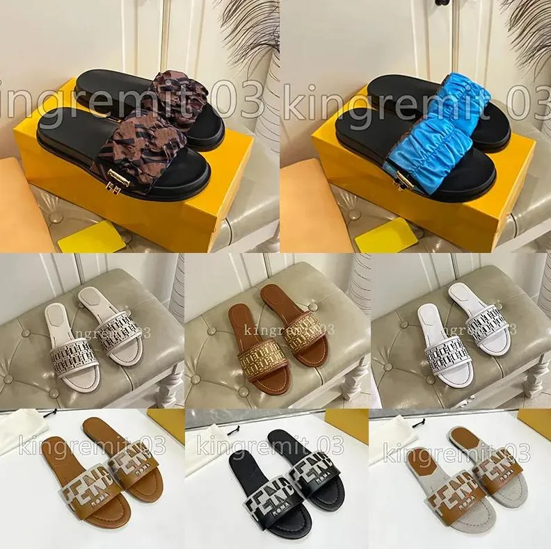 Designer känner sandaler kvinnor tofflor lädertryck platt bilder pärlor brun satin sandal silk gummi skor plattform toffel halsduk