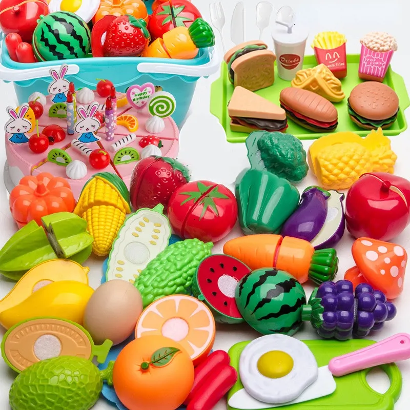 Kitchens Play Food 9-77pcs Simulation Kids Kitchen Toys Plastic Food Fruit and Vegetable Shopping Cart Set Play House Toy Kids Early Education Gift 230720