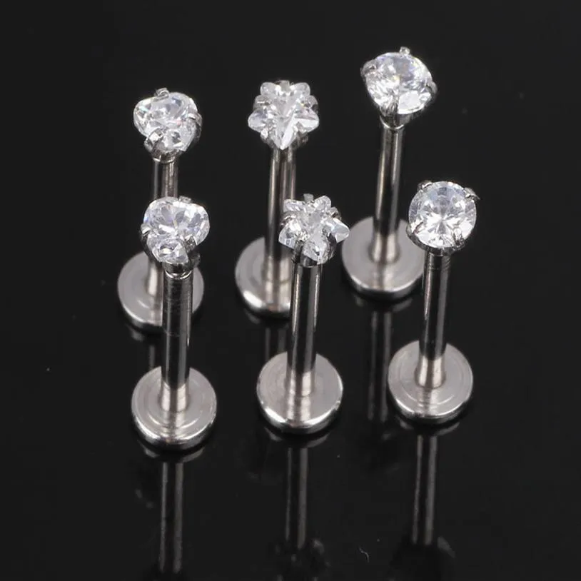 1 2x8x3mm 16G Silver Internt gängad Prong Gem Labret Lip Piercing Zircon LaBret Ring Tragus Earring280k