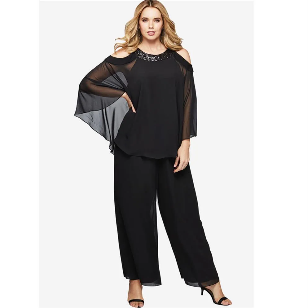 Preto Duas Peças Mãe da Noiva Pant Ternos Custom Made Vestido de Casamento com Lantejoulas Plus Size Barato Mangas Longas Mães Groo261k