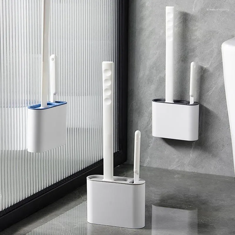 Bath Accessory Set Wall Hanging Toilet Brush With Holder Silicone TPR Hair Long Handled Bathroom Cleaning No Dead Wall-Mounted Bristles