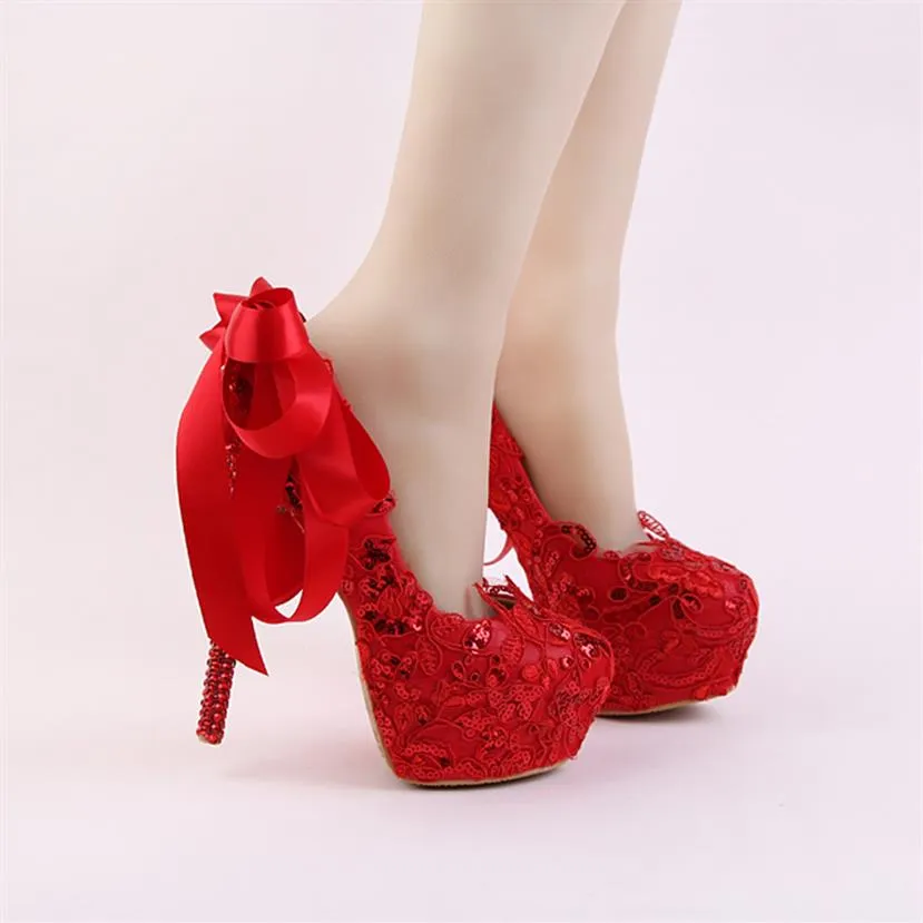 Chaussures de mariée en dentelle rouge faites à la main chaussures de robe de mariée à talons aiguilles scintillants avec nœud en ruban et talon en strass femmes Pumps2534