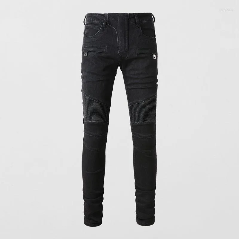Męskie dżinsy mody streetwear men czarny rozciąganie szczupła fit splated projektant rowerzystów Homme Zipper Pocket Hip Hop Brand Pants