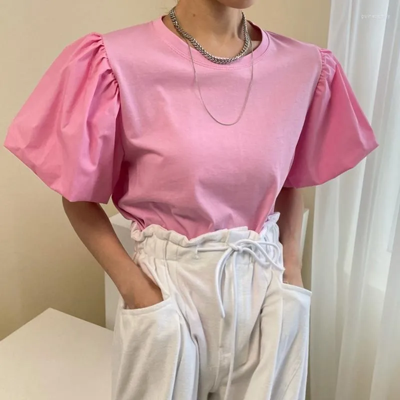 Suéteres de mujer coreano Chic verano dulce rosa y piel tierna cuello redondo pulóver suelto punto costura linterna manga camiseta Top mujer