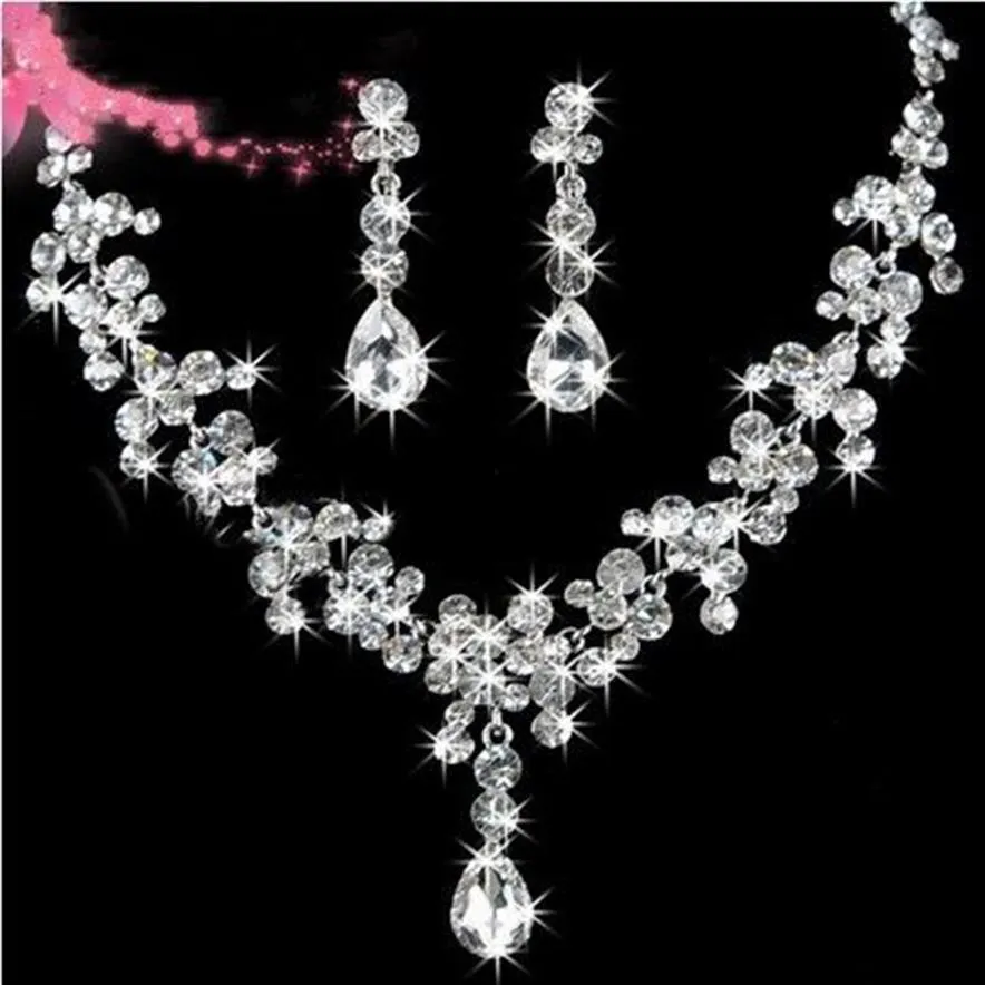 STOCK 2022 High Quality Luxury Crystals Jewerly Two Pieces Earrings Necklace Rhinestone Wedding Bridal Sets Jewelry Set240B