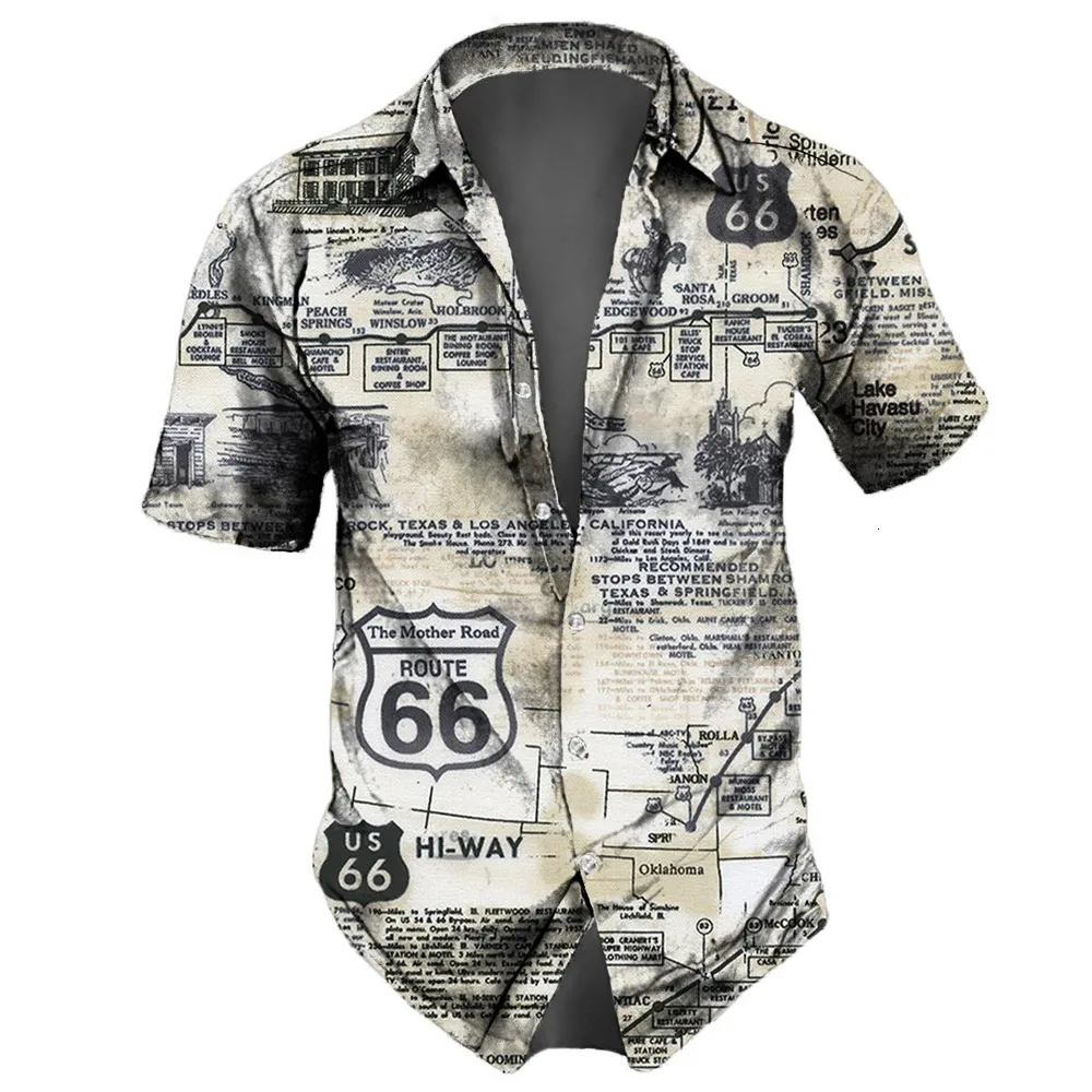 Casual herenoverhemden Vintage herenoverhemden Route 66 Print Tops met korte mouwen Zomerkleding American Landmarks Pattern Shirt Oversized Tees Streetwear 230721