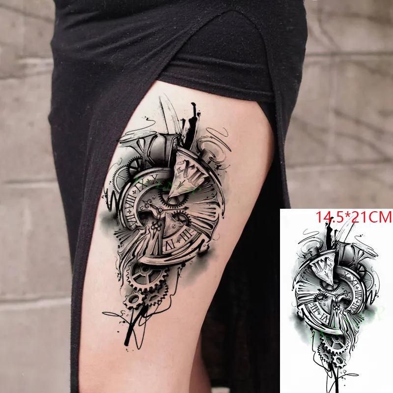 Vattentät tillfällig tatuering klistermärke Broken Roman Clock Gear Big Size Body Art Flash Tatoo Fake Tatto Stickers for Girl Men Women