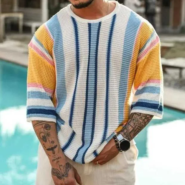 Men's Sweaters butemoda Men's Fashion Colorful Striped Mesh thin Knitted Sweater mens summer pullover L230719