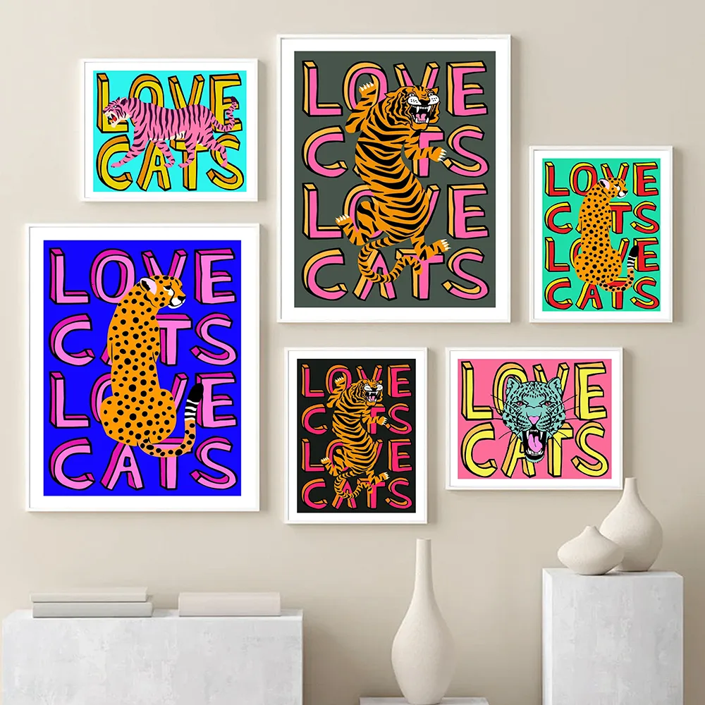 Paintings Love Cats Tiger Leopard Portrait Blue Art Print Cartoon Kids Room Wall Poster Quote Colorful Cool Canvas Painting Home Decor 230721