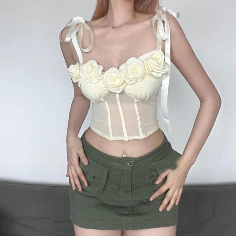 Débardeurs pour femmes Style américain Sexy hauts blancs Femme Niche Mignon 3D Fleur Rose Décoration Jarretelles Maille Camisole Fishbone Mince Court