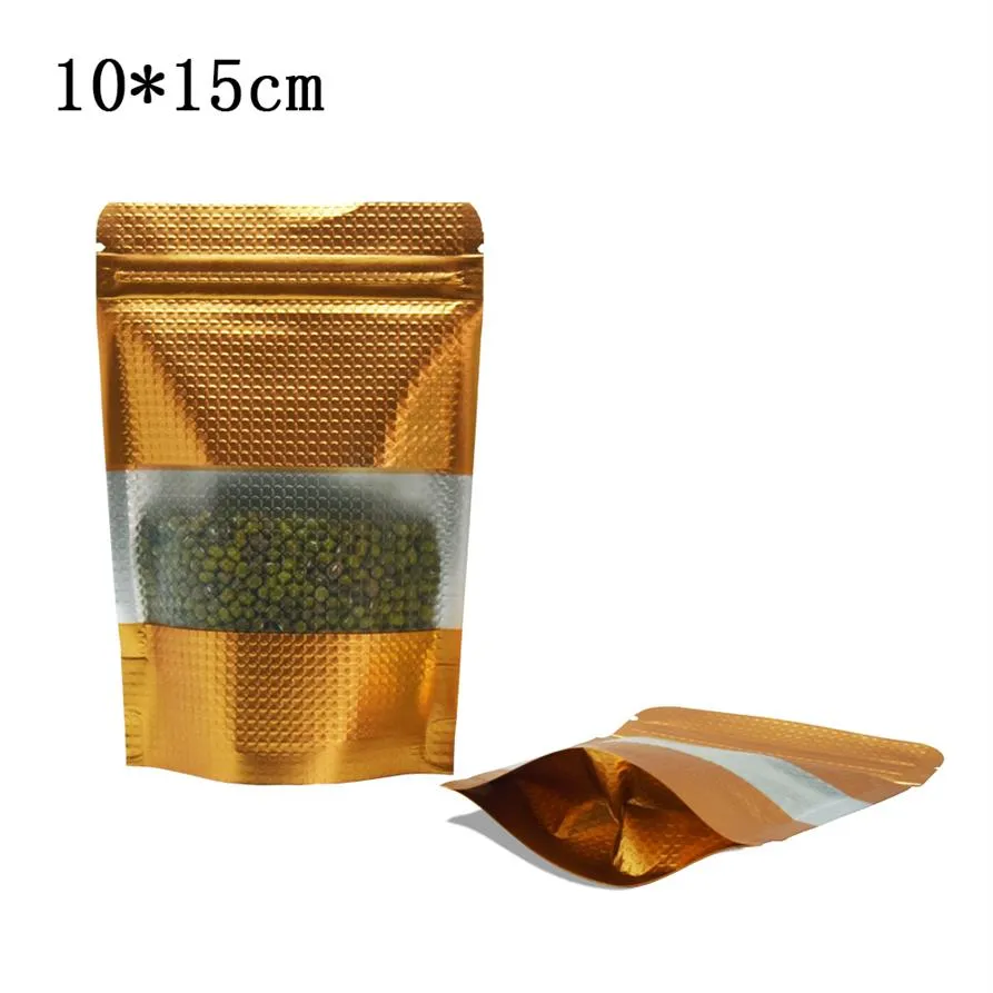 100 pz / lotto 10 15 cm oro goffrato superficie zip pacchetto pacchetto borsa stand up risigillabile chiusura lampo sacchetto di imballaggio conservazione degli alimenti borsa in mylar wi242m